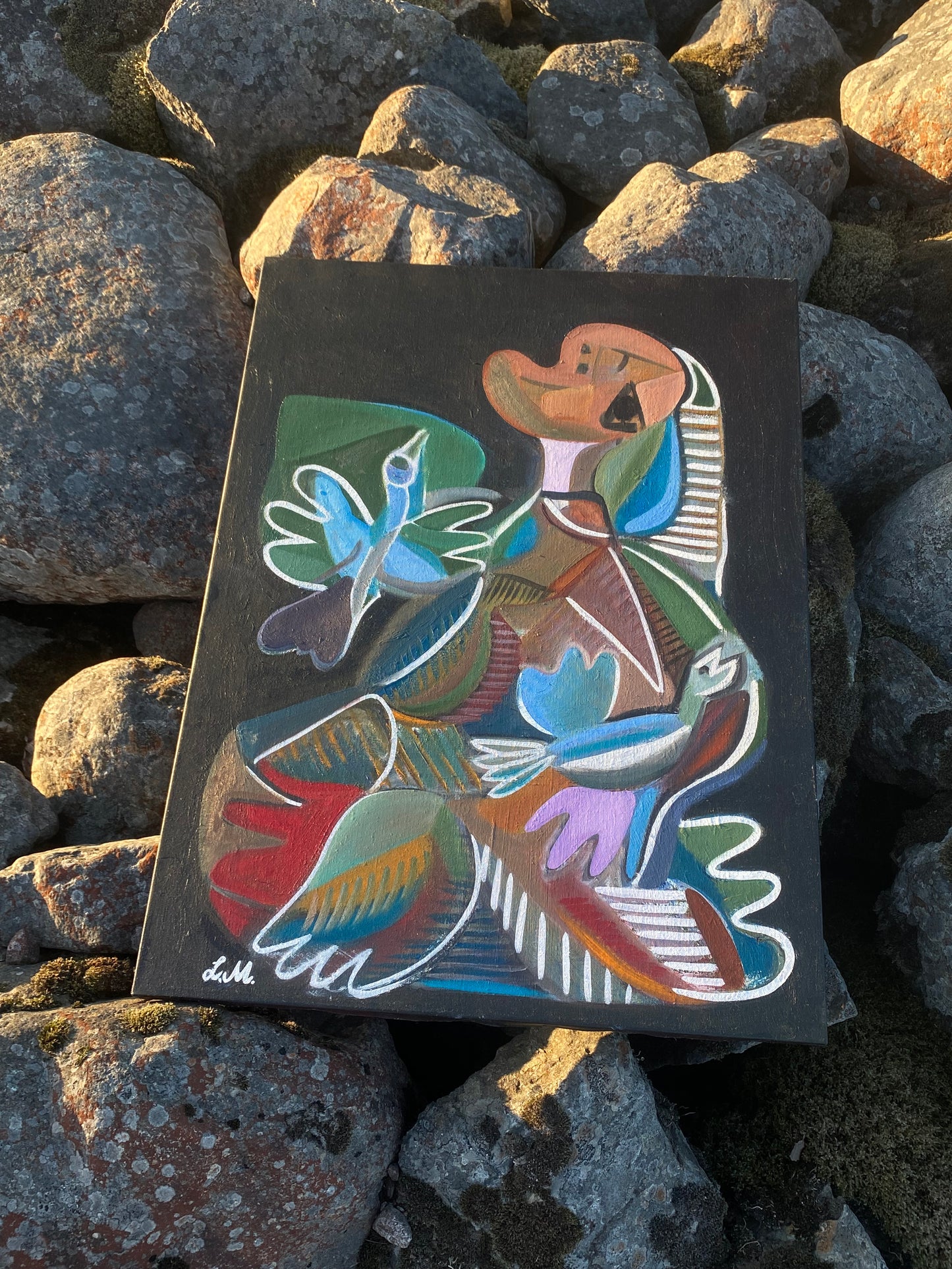 "Killed 2 birds with one stone. Who will sing for me now?" – Oljemålning med guldram
