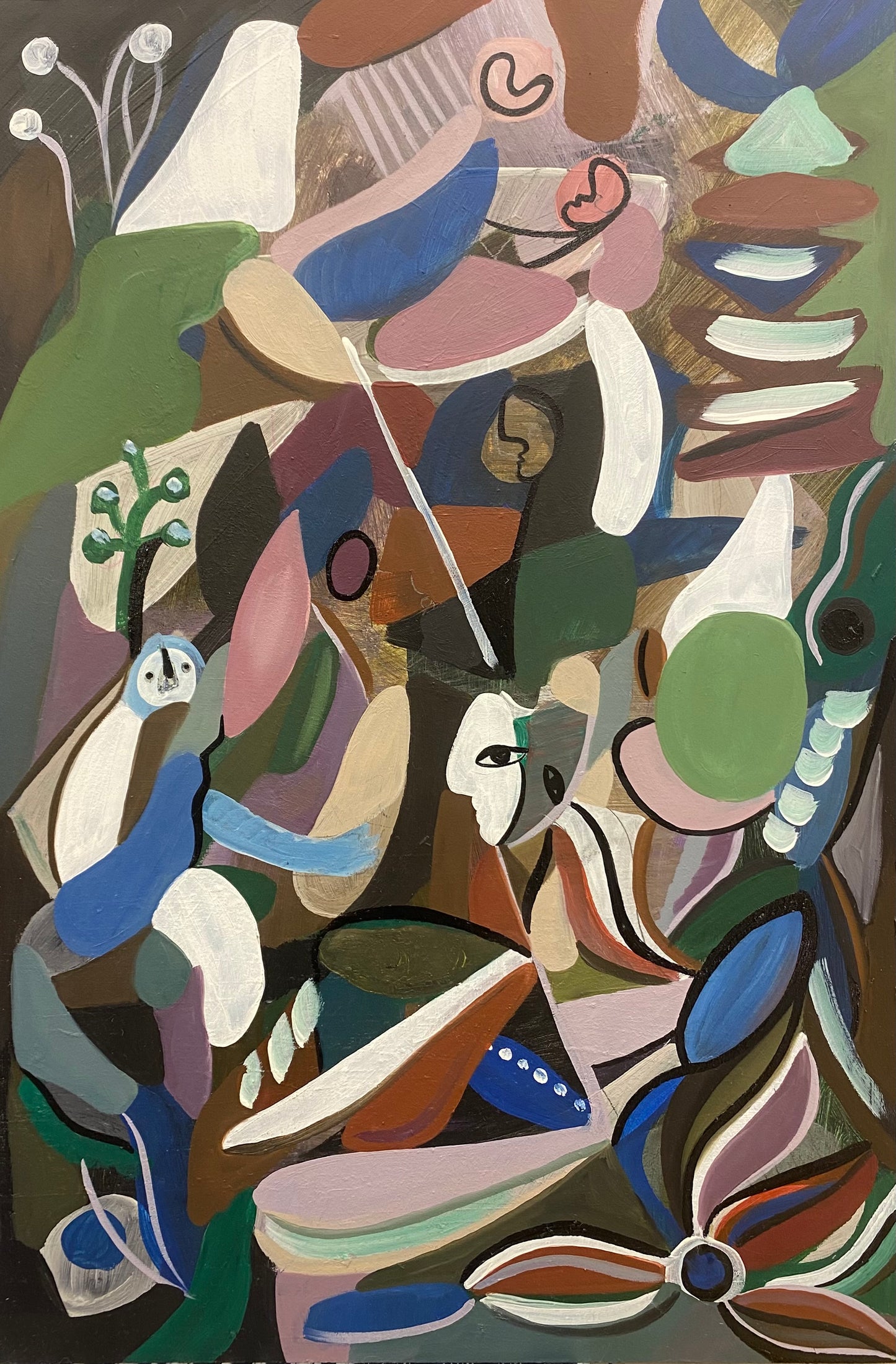 "Making love and starting wars" – Abstrakt akrylmålning på träpanel