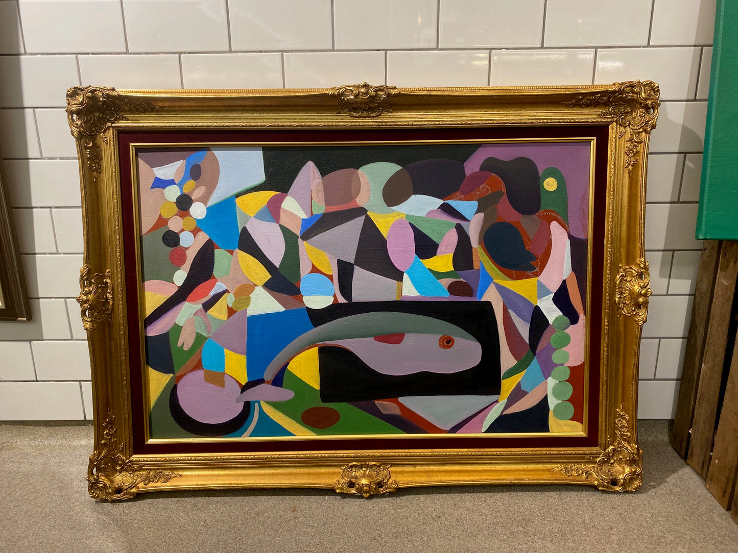 Hötorget – Oljemålning med guldram i sammet